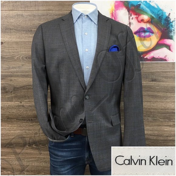 Calvin Klein Mens Blazer Sport Coat‎ Two Button Casual Jacket Size 44L Wool Suit - Picture 1 of 13